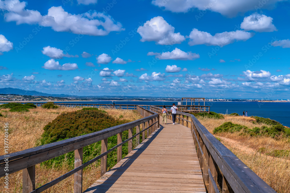 Wooden walkway path to access Ponta da Piedade coast walk Lagos Portugal Wooden walkway path to access Ponta da Piedade coast walk Lagos Portugal