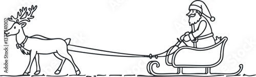 Simple line drawing of Santa in a sleigh pulled by a reindeer, capturing holiday spirit.