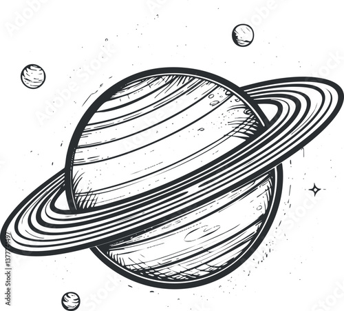 Black and white sketch of a ringed planet with surrounding celestial bodies in space.