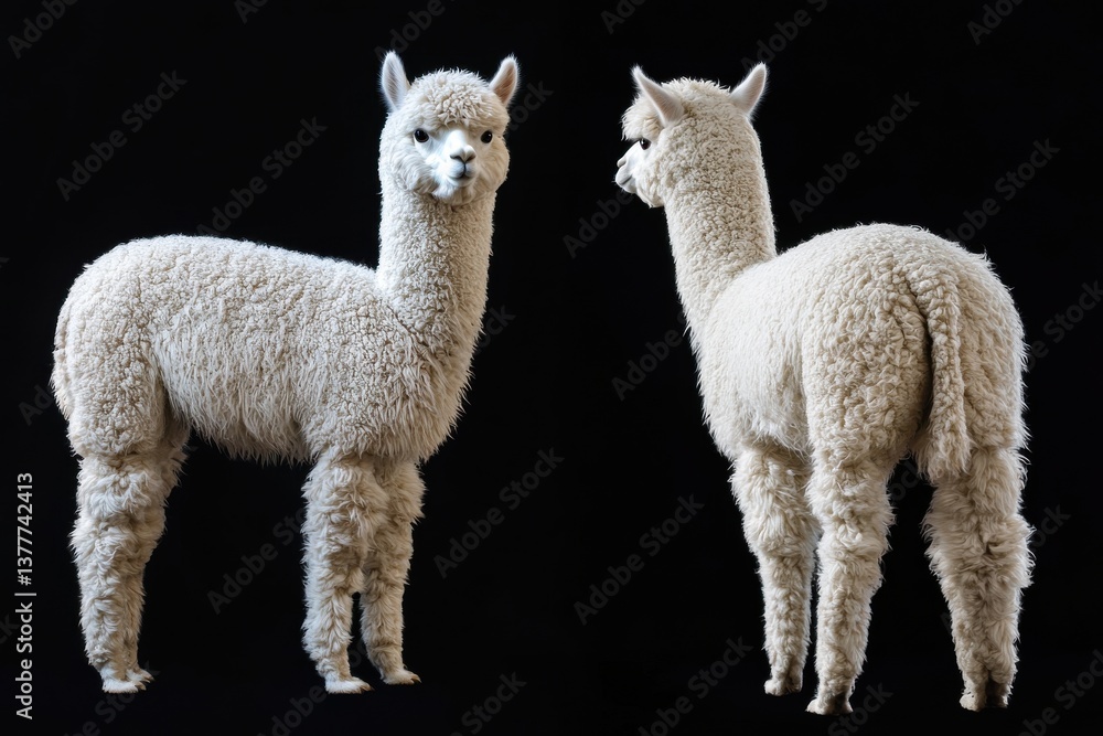 Soft and fluffy alpacas posing against a dark background showcasing their unique features and charm Soft and fluffy alpacas posing against a dark background showcasing their unique features and charm