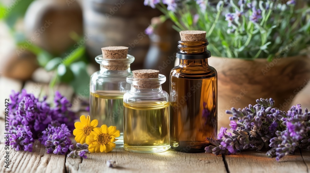 Bottles of essential oil surrounded by medicinal herbs resting on wooden table Bottles of essential oil surrounded by medicinal herbs resting on wooden table