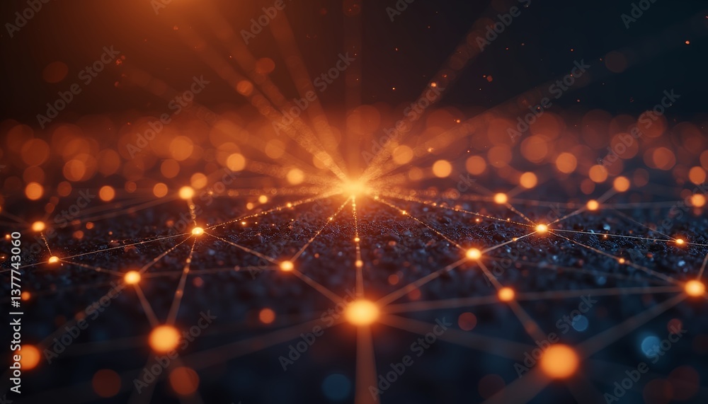 Fototapeta premium Network Connections Abstract Glowing Orange Against Dark Background.