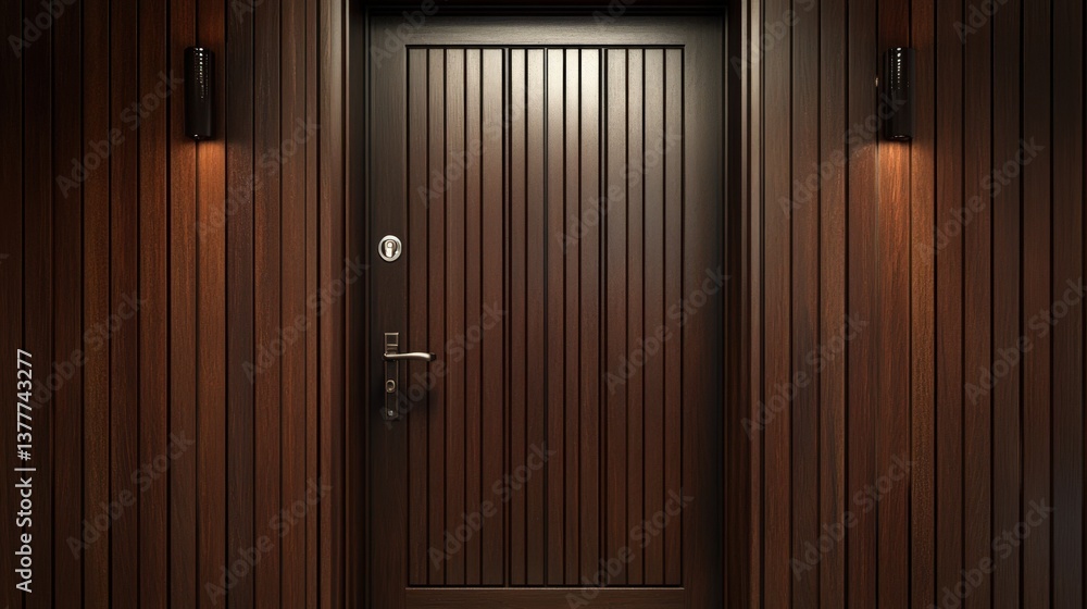 Fototapeta premium A wooden door with sidelights and paneled walls is presented