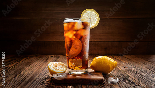 A tall glass of iced sweet tea with lemon slices, condensation on the glass, and a rustic wooden table in the background, American drink
