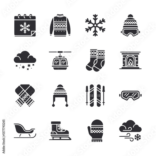 A set of winter-themed icons, including a snowboard, skis, and a snowboarder