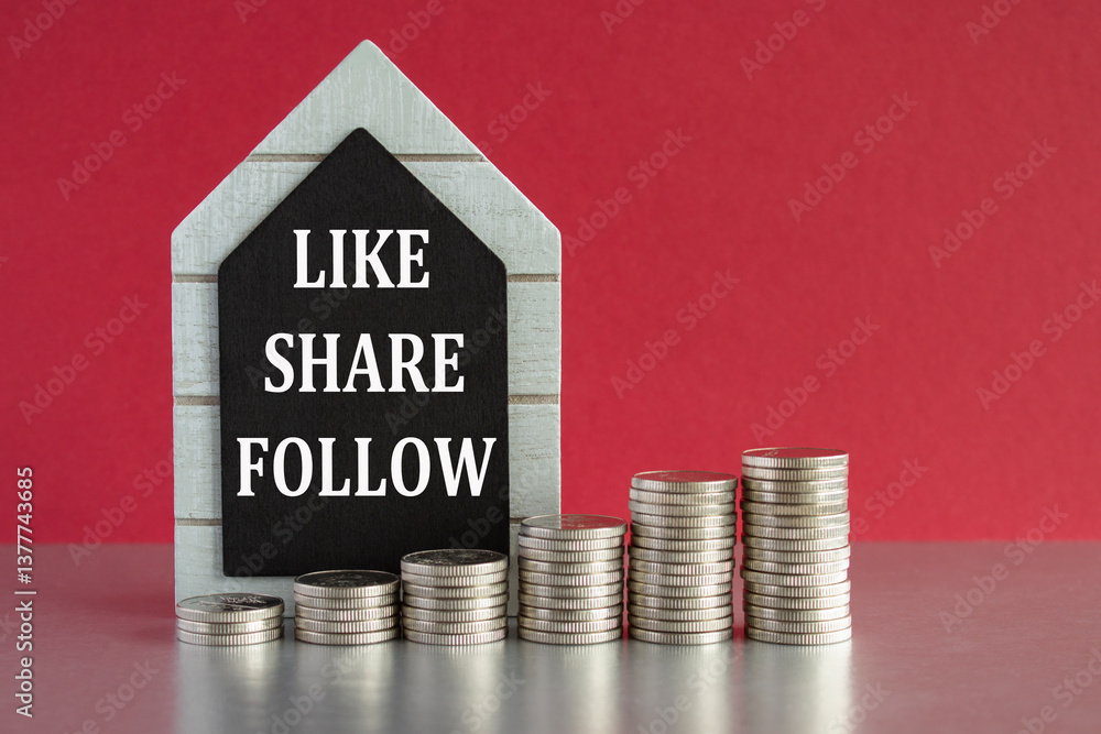 Like share follow symbol. Concept words Like share follow written on a black board. Silver coins arranged in a graph in front. Beautiful red background, grey table. Business concept.
