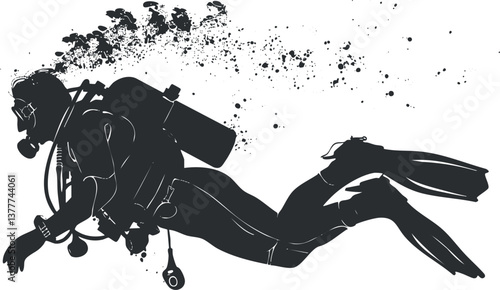 Silhouette of a scuba diver underwater with bubbles, showcasing adventure and aquatic exploration.