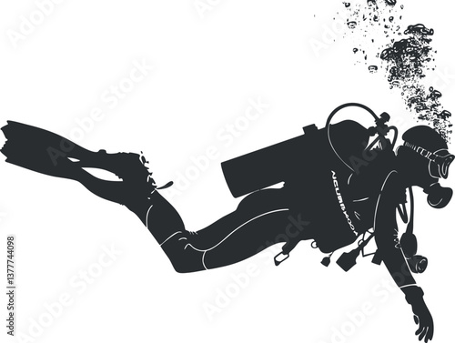 Silhouette of a scuba diver with bubbles underwater, highlighting diving gear and aquatic exploration.