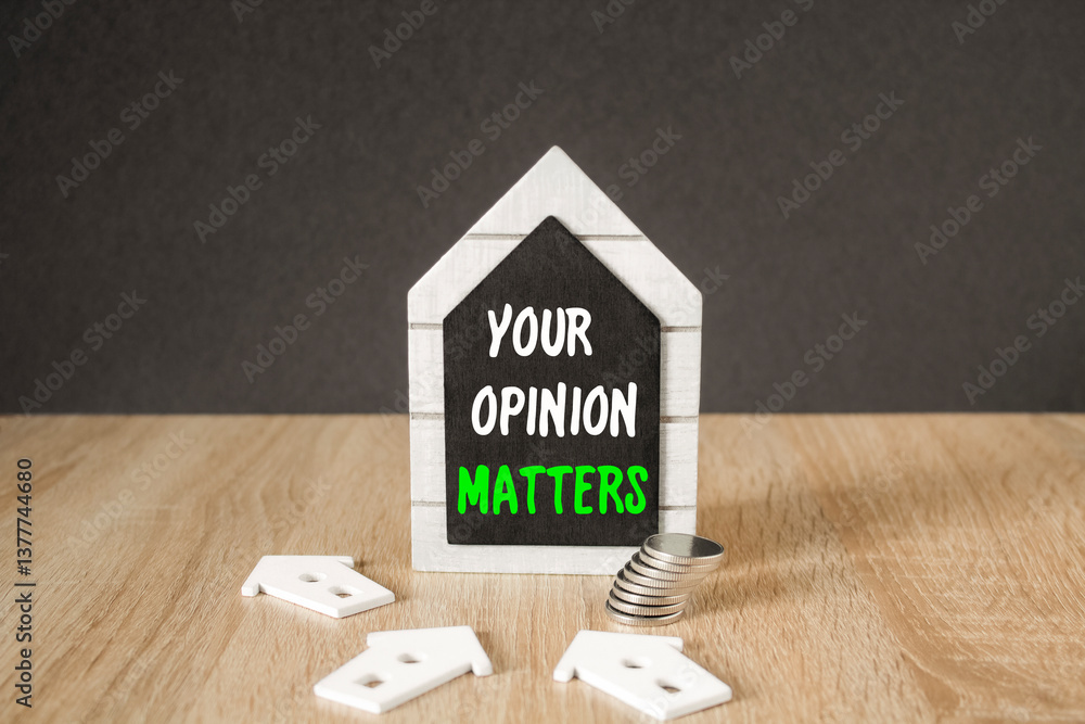 Concept words Your opinion matters on black blackboard. Beautiful wooden table, black background. A stack of coins. Business concept.
