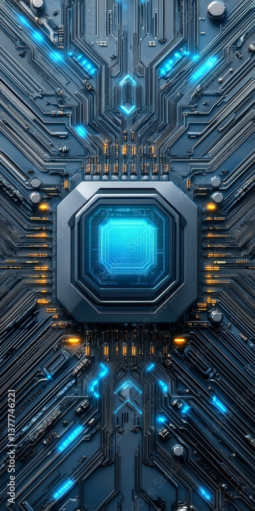 Fototapeta premium Futuristic Circuitry Illustration With Luminous CPU, Microchips, and Blue Neon Tech Background