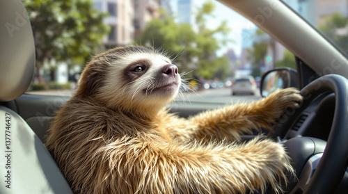 Sloth wearing glasses driving car slowly moving along city street, symbolizing leisurely driver and road stereotypes
