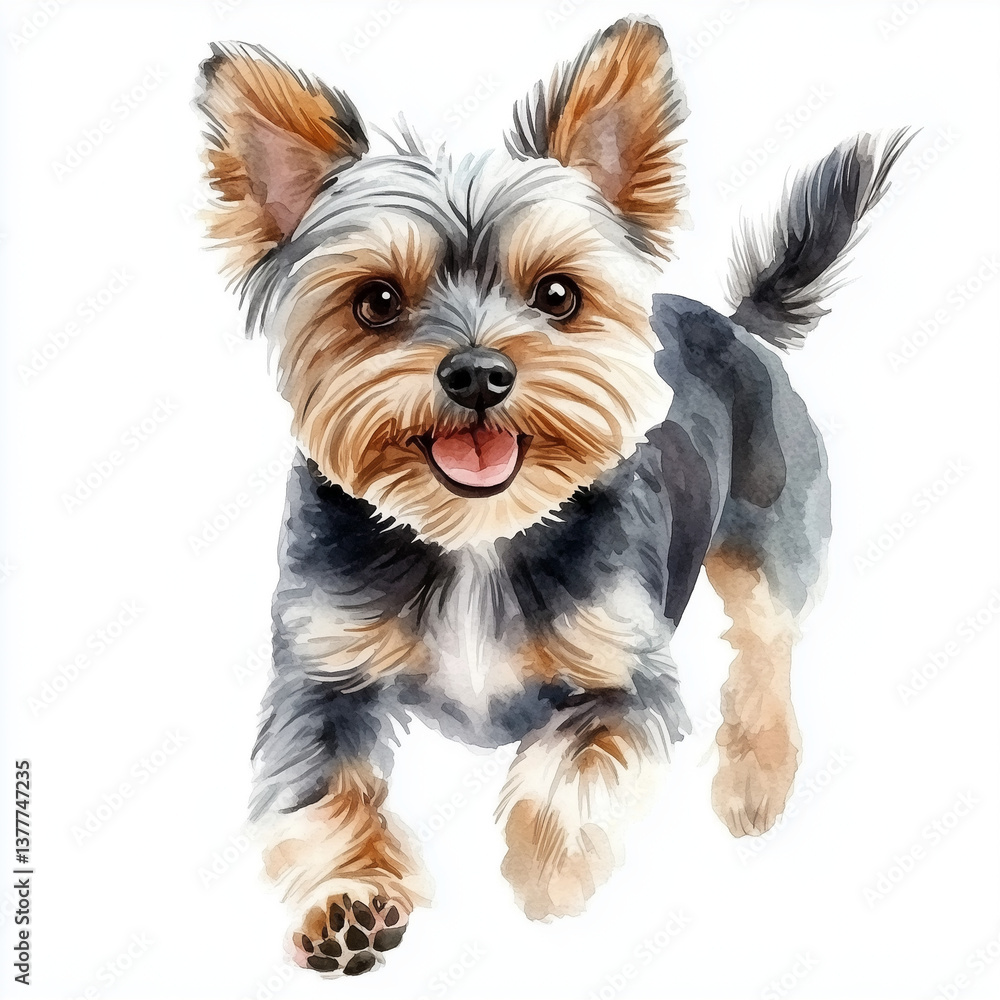Illustration of the Yorkshire Terrier dog running towards, soft watercolor tones, white background, detailed illustration, cartoonish. Illustration of the Yorkshire Terrier dog running towards, soft watercolor tones, white background, detailed illustration, cartoonish.