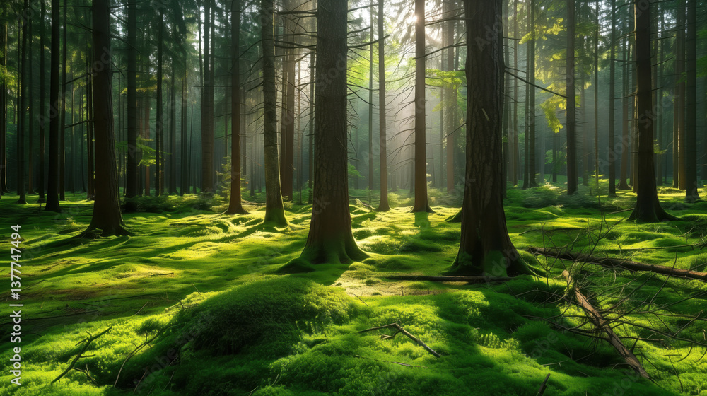 Obraz premium A dense, vibrant green forest with tall trees, soft moss-covered ground, and sunlight.
