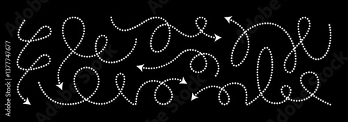 Squiggly dotted arrow, vector dashed curved line arow set. Rise and fall change plan, doodle shaped pointer map element. 3d dynamic curly direction loop scribble. Abstract long spiral waving chart