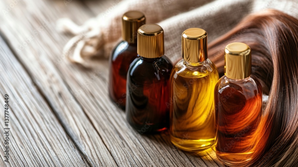 Fototapeta premium The best hair oils for moisturizing dry hair, with bottles arranged on a natural wooden surface,