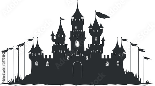 Silhouette of a castle with flags and towers, showcasing medieval architecture in black and white.