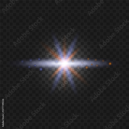 Shining light flashes with sparks. Glowing effect, lens flare, explosion, glitter, line, solar flare, spark and star. Abstract image of a flash and yellow and blue stars. Vector illustration
