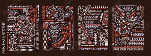 Set of traditional Aztec ornaments with tribal elements. Backgrounds with ethnic patterns. Ancient decoration with abstract figures, Peruvian symbol, Maya culture signs. Flat vector illustrations