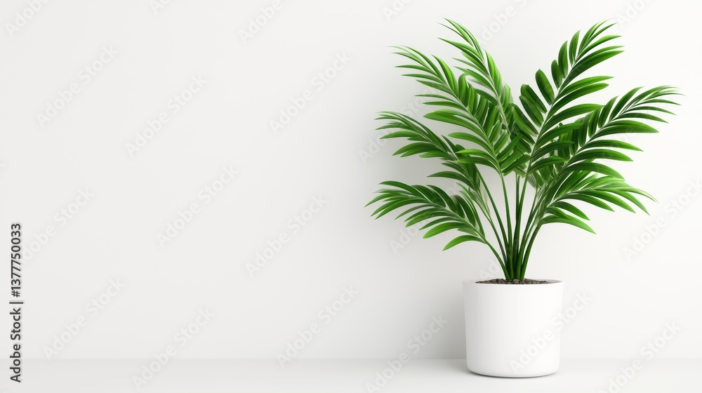 Lush green plant in modern white pot on neutral background Lush green plant in modern white pot on neutral background