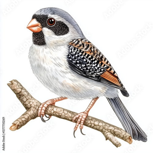Illustration of the Zebra Finch sitting on the branch, soft watercolor tones, white background, detailed illustration, cartoonish.
