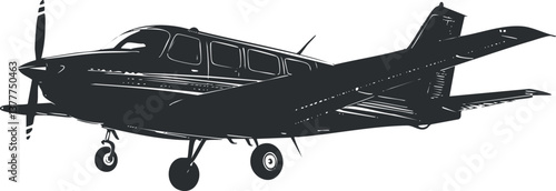 Silhouette of a propeller airplane in black and white, showcasing aviation design and structure.