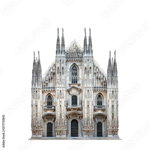 Gothic cathedral with tall spires and stained glass windows, detailed stone architecture, isolated on transparent background.