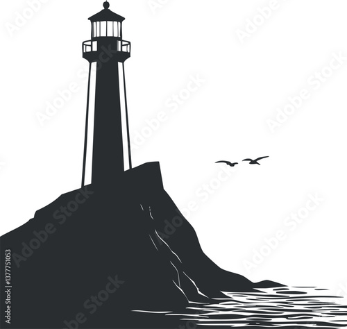 Silhouette of a lighthouse on a cliff with birds and ocean waves in black and white.