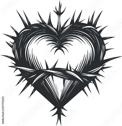 Black and white thorny heart symbol illustration, representing love and danger in bold design.
