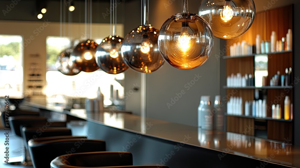 A close-up of salon pendant lighting reflecting off glossy countertops A close-up of salon pendant lighting reflecting off glossy countertops