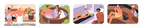 Set of people are steaming in bath. Men and women have a rest, relax, wash in different public bathhouses: Finnish sauna, Russian banya, hammam, pool for health, wellness. Flat vector illustrations