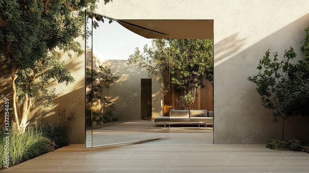 Naklejka premium A modern minimalist patio showcasing a mirror reflection and green trees
