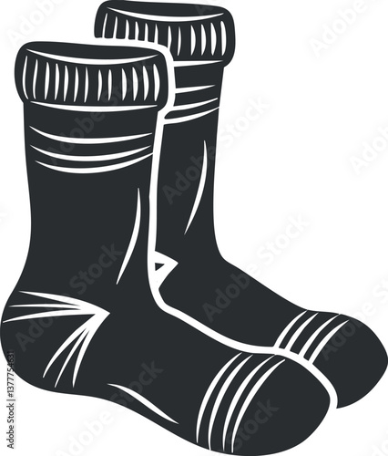 Illustration of a pair of black and white socks with simple design and patterns.