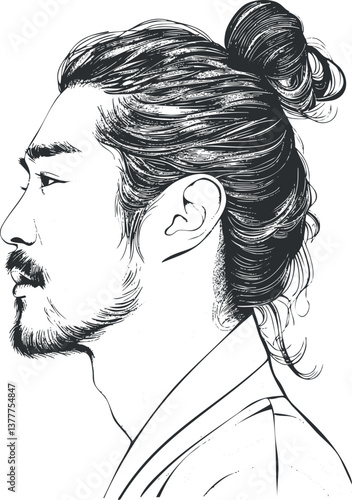 Black and white sketch illustration of a man in profile with a bun and beard.
