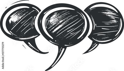 Black and white sketch of three comic speech bubbles for dialogue or communication illustration.