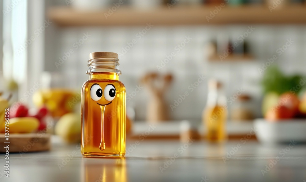 A delightful honey bottle with a cartoon face, dripping enticingly on a kitchen counter. A delightful honey bottle with a cartoon face, dripping enticingly on a kitchen counter.