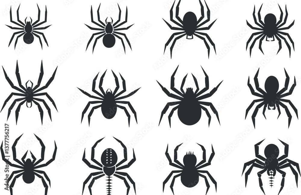 Collection of spider silhouettes in various designs against a white background. Collection of spider silhouettes in various designs against a white background.