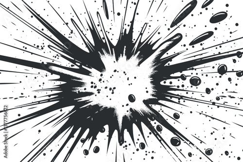 Dynamic black and white abstract explosion graphic with energetic splashes and bold contrasts.