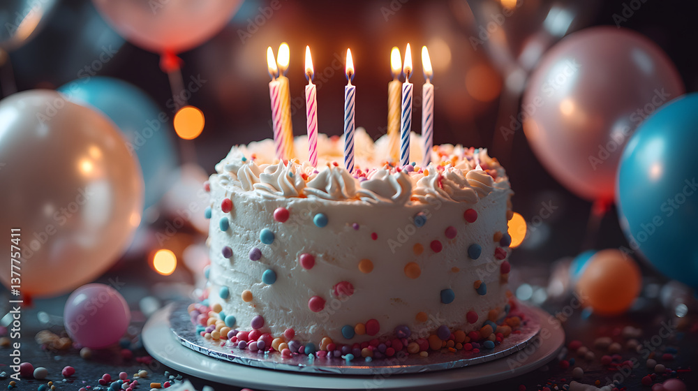 Close-up of a birthday cake with candles, balloons in the background, and a festive atmosphere celebrating a special occasion.
Close-up of a birthday cake with candles, balloons in the background, and a festive atmosphere celebrating a special occasion.