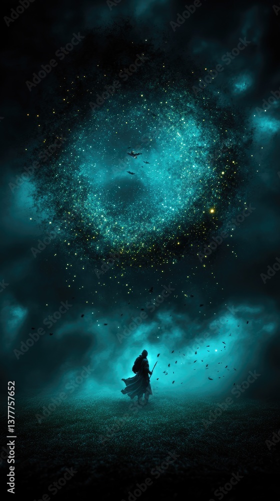Obraz premium A lone figure stands before a glowing celestial ring in the night sky, in ethereal, atmospheric setting