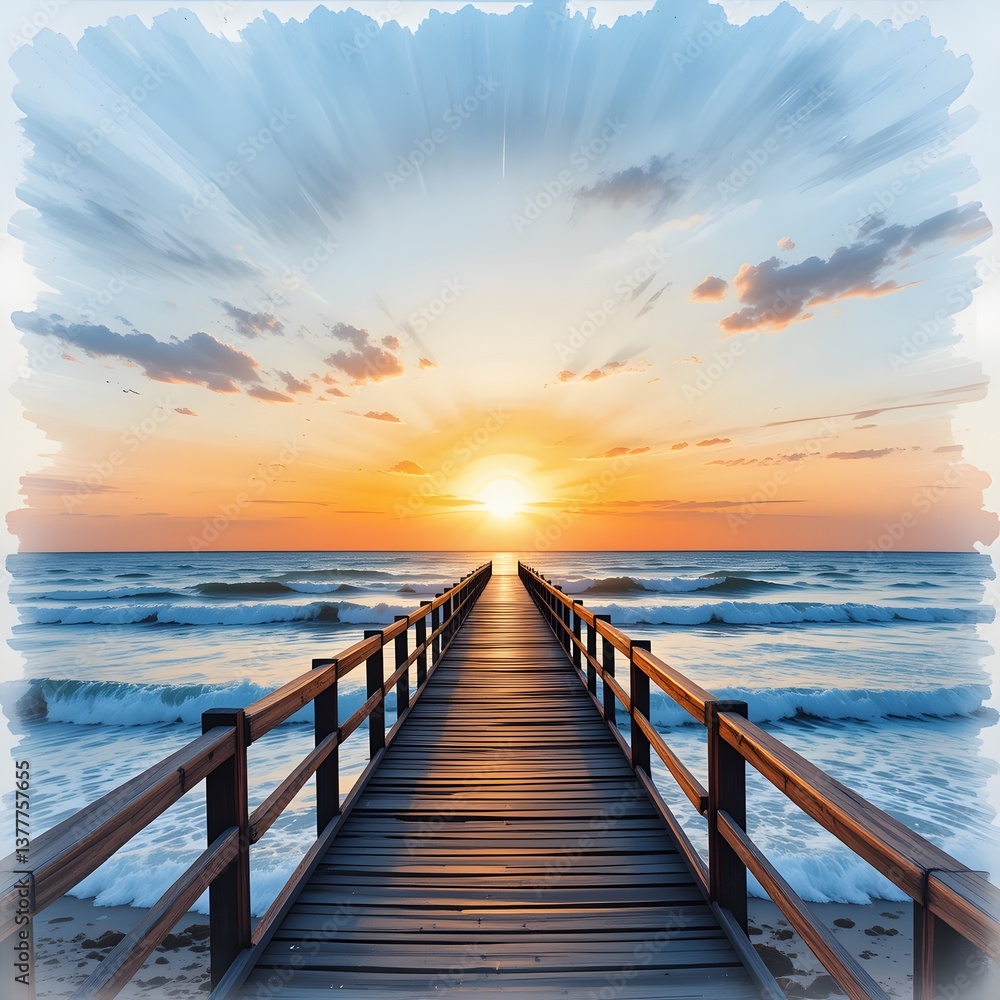 Fototapeta premium This stunning watercolor painting depicts a picturesque scene of a bridge stretching over a beach, with the sun setting on the horizon.