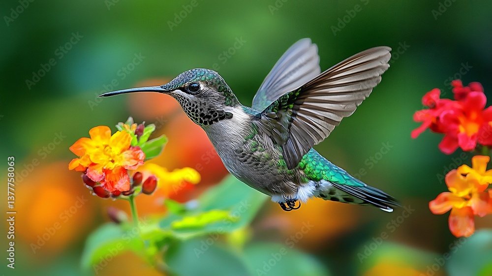 Naklejka premium Striking hyper-realistic close-up of a hummingbird drinking nectar from brightly colored flowers