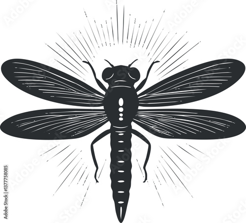Black and white vector illustration of a dragonfly with detailed wings and radiant lines.