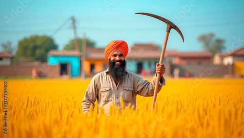 A joyful Punjabi farmer stands proudly in a golden wheat field, holding his working tools, preparing to harvest the crop