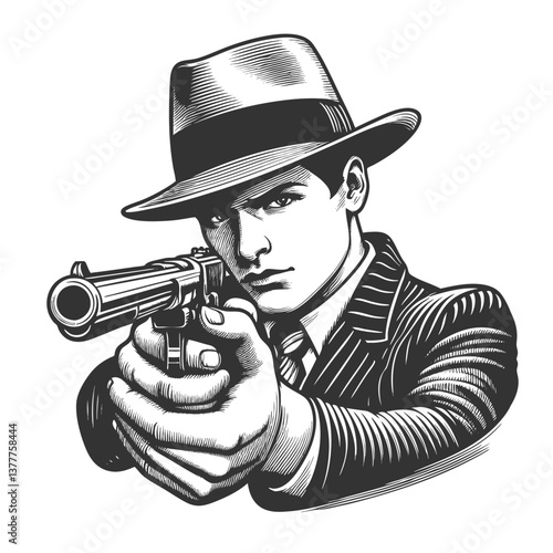 serious-faced gangster in a fedora and pinstripe suit, aiming handgun directly forward in a dramatic noir-style pose sketch engraving generative ai vector illustration. Scratch board. Black and white