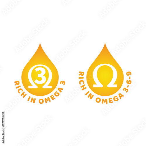 Rich in omega 3 6 9 vector label. Omega 3 source colorful icon with drop.