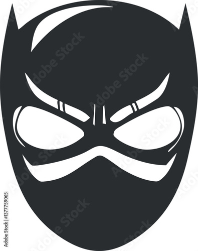 Black and white superhero mask icon with stylized features and bold graphic design.