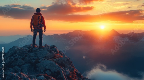 Hiker on mountain peak watches sunset over misty valley
