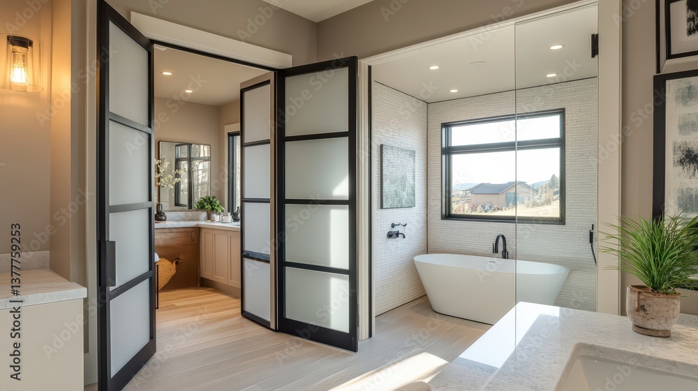 A modern bathroom with doors tub and bright natural light A modern bathroom with doors tub and bright natural light