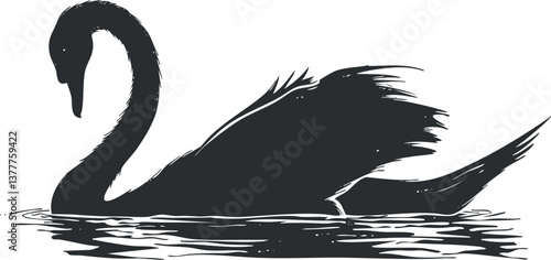 Silhouette of a graceful swan gliding on water with a serene reflection.