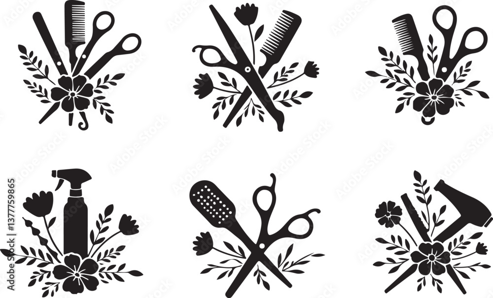 Naklejka premium Elegant Floral Hair Stylist SVG Bundle | Barber & Salon Tools Clipart